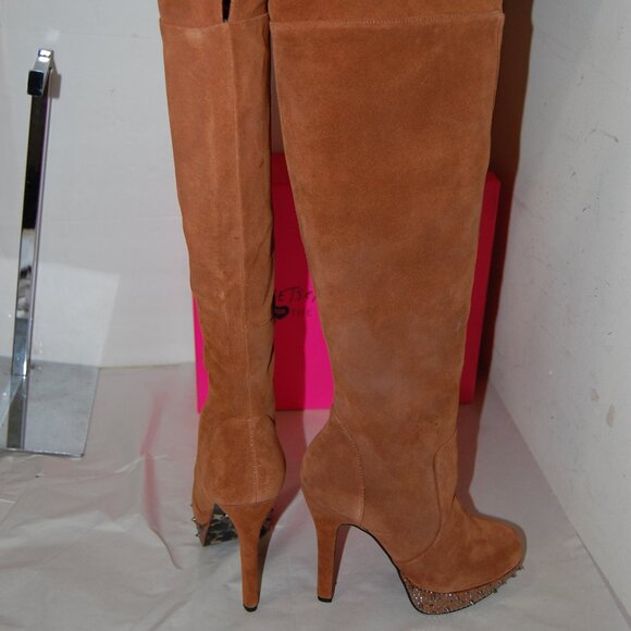 7.5❤️Betsey Johnson Suede Oiled Leather Over the Knee High Heels Platform BOOTS - Picture 8 of 12